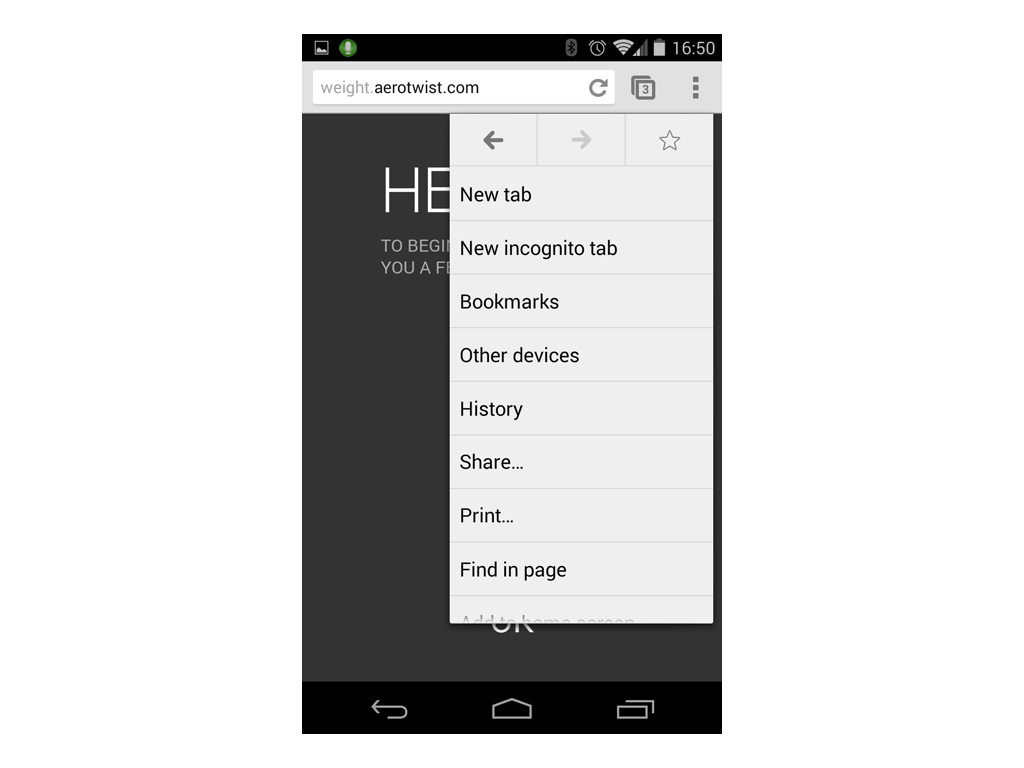 weight.aerotwist.com with Chrome for Android's menu exposed