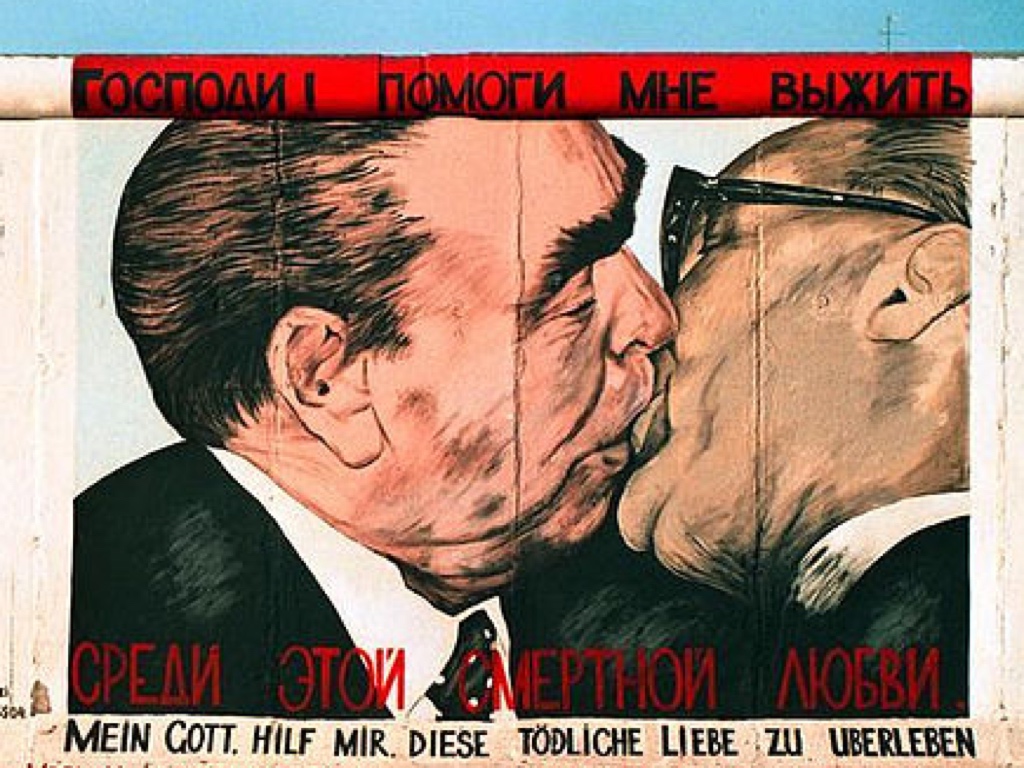 painting on Berlin Wall of Leonid Brezhnev and Erich Honecker kissing with Russian and German slogan 'My God, Help Me to Survive This Deadly Love'