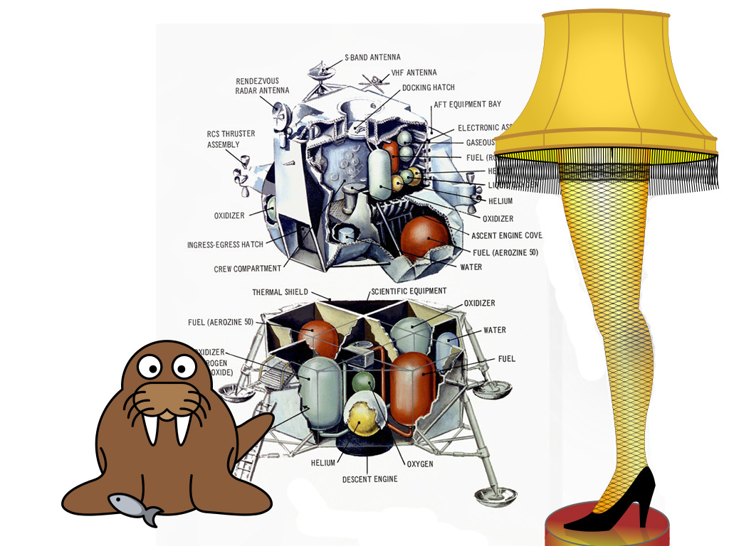 cartoon leg with lampshade on top, next to walrus and lunar module