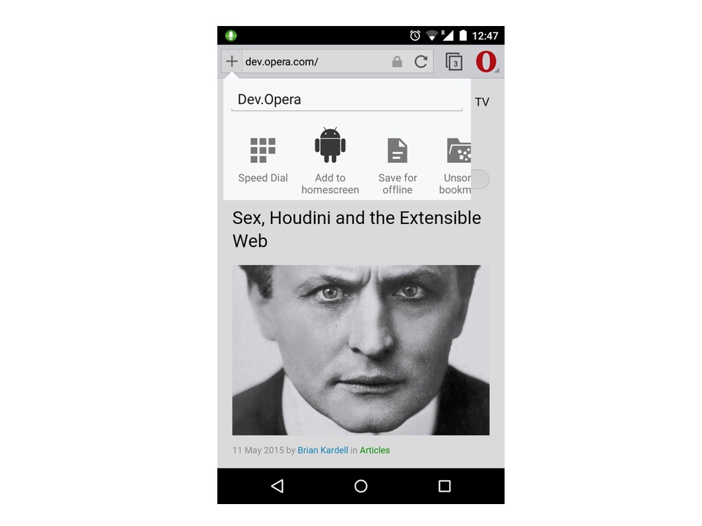 Opera: '+' button in URL bar opens dialog with 'add to homescreen' option