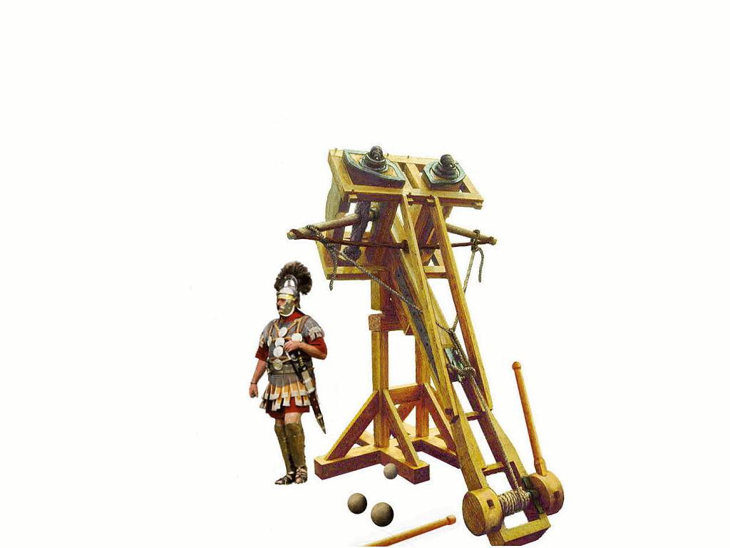 roman soldier with large wooden catapult machine