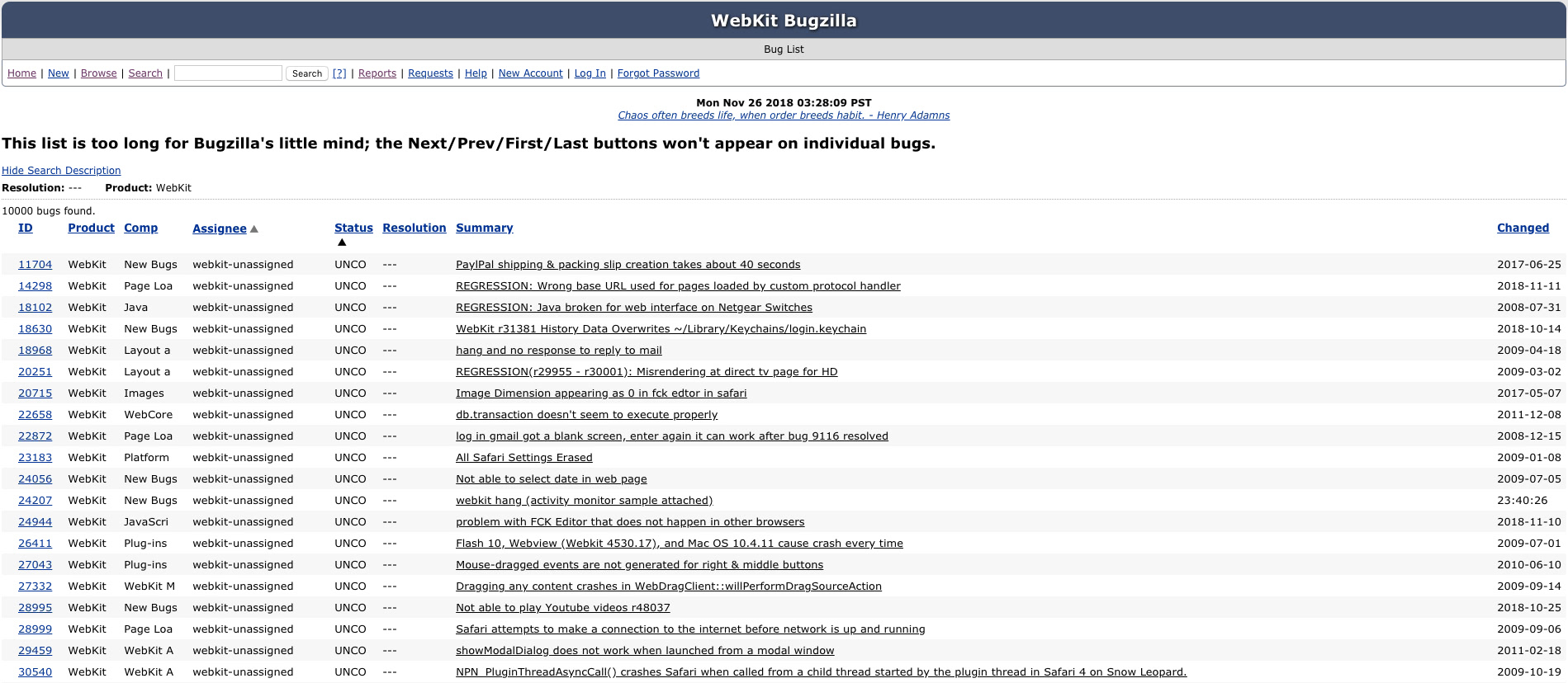 WebKit Bug List